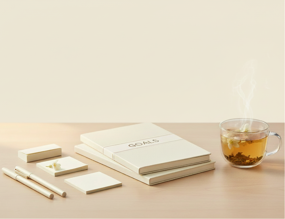 Notebook titled 'Goals' with a cup of tea on a light surface